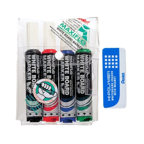 Pentel Maxiflo White Board Marker 4pk Set with Board Eraser - Chisel Point